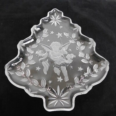 Studio Nova Christmas Tree Shaped Cherub Angel Serving Tray Platter Frost Glass -image