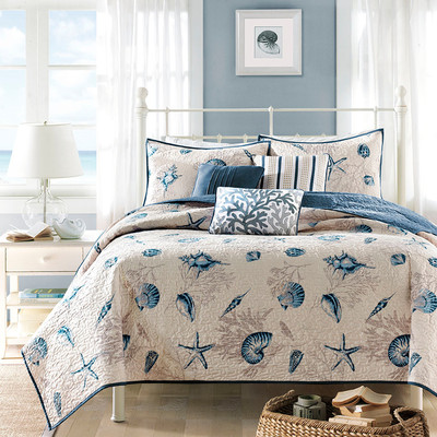 BLUE SHELLS 5pc Twin QUILT SET : BEACH HOUSE COASTAL SEASHELL COVERLET-image