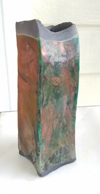 Square Signed Studio Vase, Black Clay Pottery Copper & Multi Colors, Unusual-image