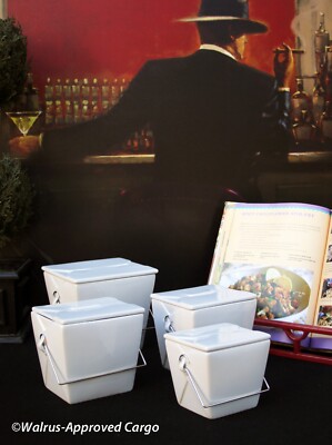 POTTERY BARN CERAMIC CHINESE TAKE OUT CONTAINERS (4) -NEW- GOOD FORTUNE AWAITS!-image