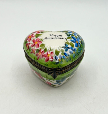 Studio USA Heart Shaped Happy Anniversary Hinged Lidded Porcelain Trinket Box-image