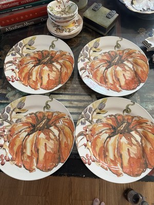 Lot Of 4 Pottery Barn Autumn Harvest Watercolor Pumpkin Round Dinner Plates-image