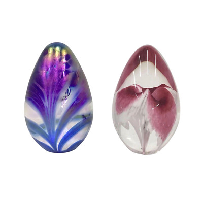 Signed GES Glass Eye Studio Iridescent Multi, Pink Egg Shaped Paperweight Set-image
