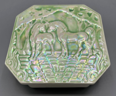 Iridescent Green Unicorn Trinket Box Lid Studio Pottery 5 1/2