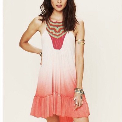 Free People Belle Fleur Mini Dress Large Coral Dip Dye Ombre Zig Zag Bib Halter-image