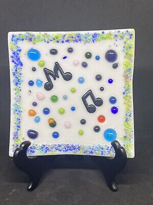 Fused glass 6x6 musical notes trinket candle dish. Studio piece.-image