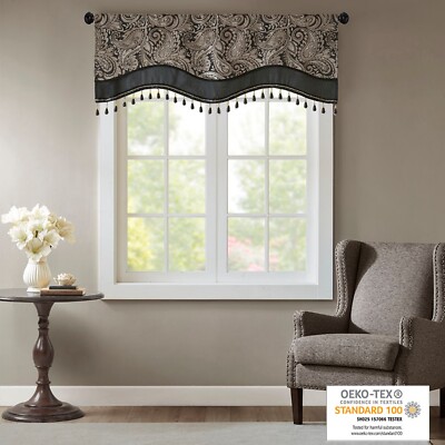Madison Park Paisley Jacquard Rod Pocket Curtains, 50x18in, with Privacy Lining-image