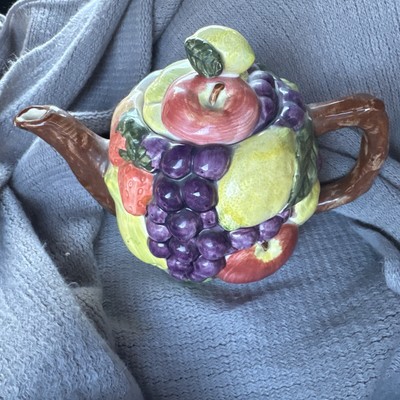 Pottery Barn Japan Tea Pot With Lid Majolica Fruit grapes strawberry vintage-image