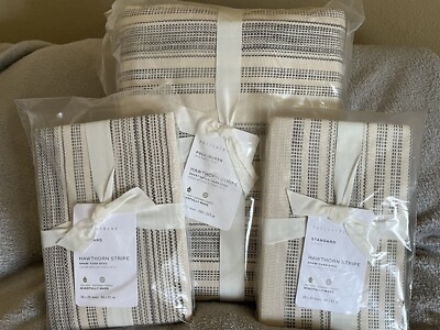POTTERY BARN Hawthorn Stripe FULL/QUEEN Duvet & 2 STD Shams NEW - Charcoal Gray-image