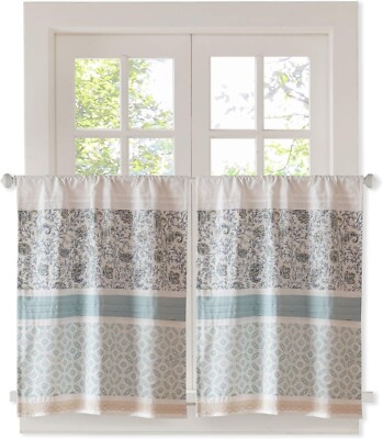 Madison Park Dawn Shabby Chic Tier Curtains Paisley lace Teal New-image