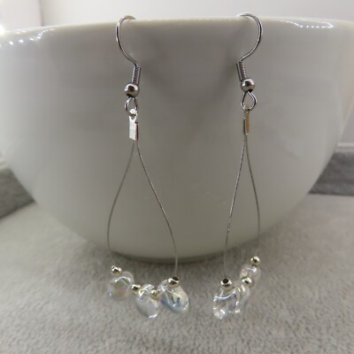 Pemby Studio Clear Teardrop Beaded Dangle Earrings Silver Tone Artisan Gift New-image