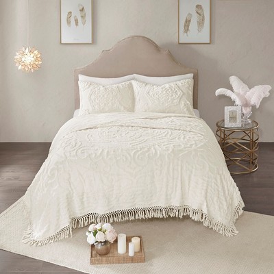 Tufted Cotton Chenille Medallion Fringe Coverlet Mini Set Off-White Full/Queen-image