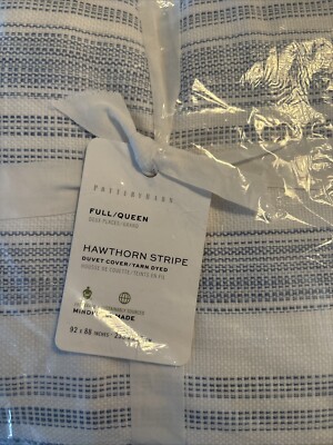 NEW Pottery Barn Hawthorn Striped Slub Cotton Duvet Cover Full/Queen, Blue White-image