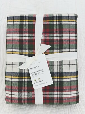 Pottery Barn Denver Plaid Full Queen Duvet Cover Christmas Holiday Cotton Linen-image