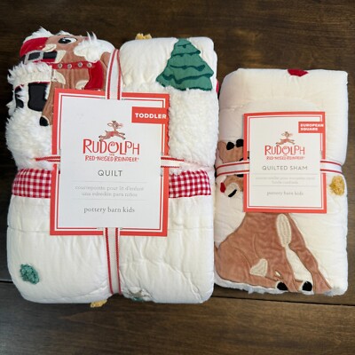 POTTERY BARN KIDS RUDOLPH TODDLER/BABY QUILT & 1 EURO SHAM SET ~ CHRISTMAS-image