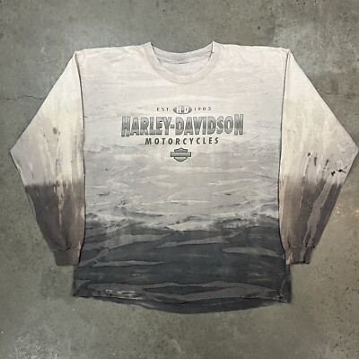 Vintage 90s Y2K Harley Davidson Dip Dye Graphic Long sleeve T Shirt Grey XL-image