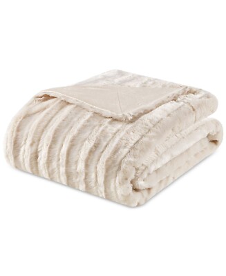 Madison Park Duke Ribbed Faux Fur Throw 50x60 - Ivory *NEW*-image