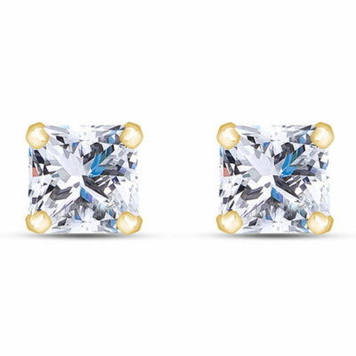 Solitaire Stud Earrings Princess Cut Cubic Zirconia in Solid 10K Yellow Gold-image