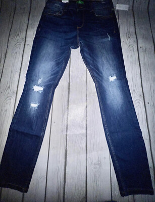 dip Distressed Tapered Leg Mid Rise Skinny Dark Denim Blue Jeans Women's 10 NWT-image