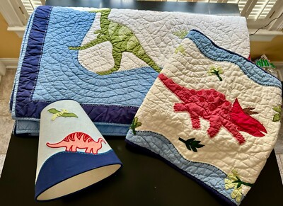 Vintage Pottery Barn Kids Super Saurus Dinosaur Twin Quilt Sham Lamp Shade Set-image