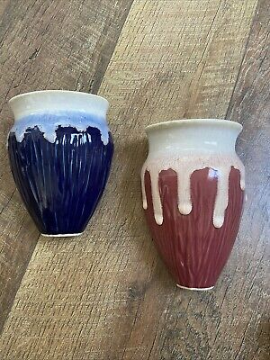 Studio Handcrafted Signed Drop Glaze Pottery Wall Pocket Vase Shaped Set Of 2-image