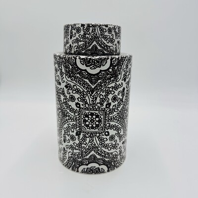 Pottery Barn Ceramic Brown/ White Floral Paisley Decor Canister Ginger Jar 9in-image