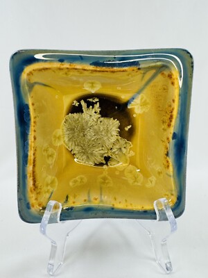 Studio Pottery Inlaid Square Bowl Blue Tan Flowers Mushroom Edgecomb Potters-image