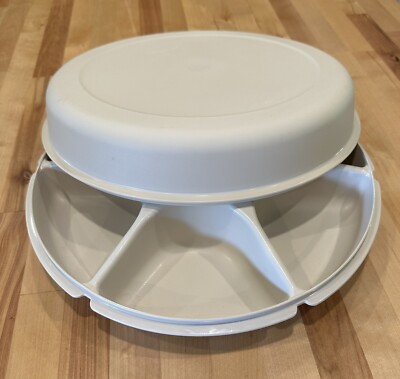 Tupperware Vintage Almond/TAN Tray Divided Veggie Dip 1665-3 & Lid 1666-4-EUC-image