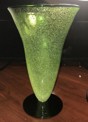 Green Trumpet Art Glass Large Vase Studio Crafted Hand Blown Air bubbles-image