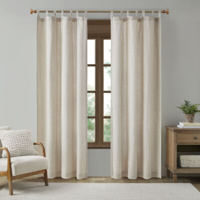 Madison Park Faux Linen Tab Top Fleece Lined Curtain Panel 50x84 for Home Decor-image