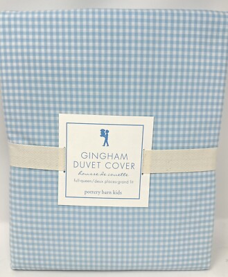 New~Pottery Barn Kids Gingham Check Duvet Cover~Blue~Full Queen-image