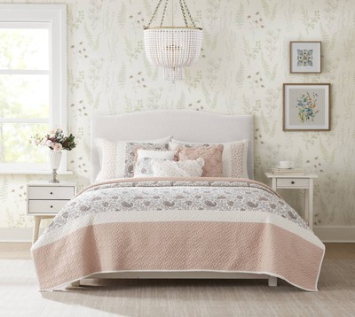 6 Piece Cotton Percale Quilt Set with Throw Pillows Blush Full/Queen-image