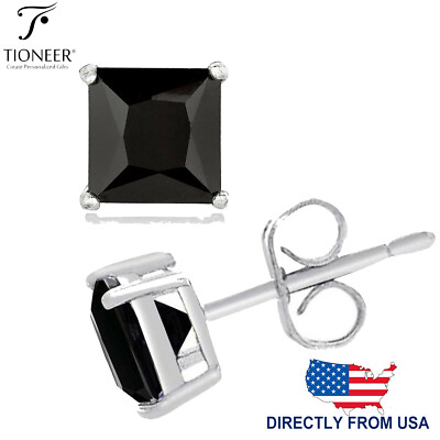 Sterling Silver 925 Princess Square Cut Black CZ Stud Earring 3MM-10MM-image