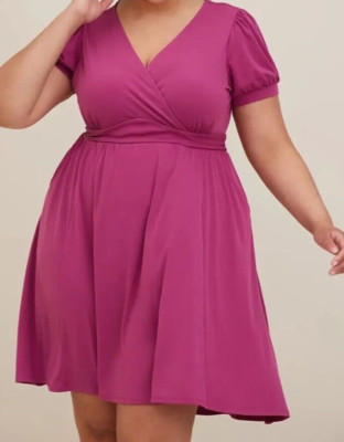 NEW Torrid Pink Purple Studio Knit V-neck Puff Sleeve Waist Tie Mini Dress 3X-image