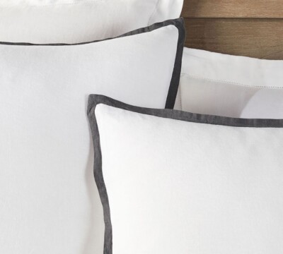 NEW Pottery Barn Belgian Flax Linen Contrast Flange KING Shams~SET/2~White/ebony-image