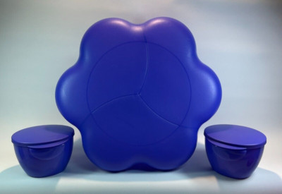 Tupperware Chip 'N Dip Party Bowl Set With 2 Hanging Dip Bowls Color Blue Used-image