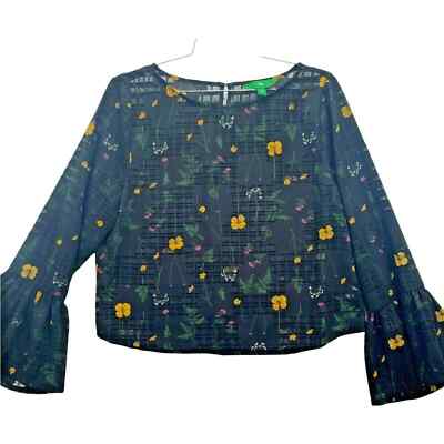 DIP Black Sheer Pink Yellow Floral Print Bell Sleeve Crop Blouse Size XL-image