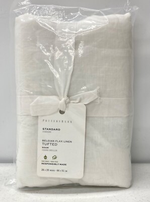 NEW Pottery Barn Belgian Flax Linen Tufted STANDARD Quilted Sham~White-image