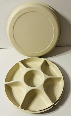 Vintage Tupperware 1665 1666 Almond 2-Piece Serving Chip n Dip Divided Tray-image