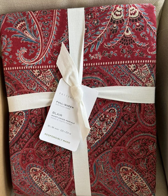 Pottery Barn Blair Paisley FULL / QUEEN Duvet Cover, Cotton Percale, Red-image
