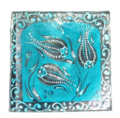 Studio Art Pottery Floral Turquoise & Blue Square Trinket Dish Artist Signed PO-image
