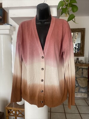 J Jill Dip Dyed Ombré Cardigan Sweater Womens Large Pink Brown White Button-image