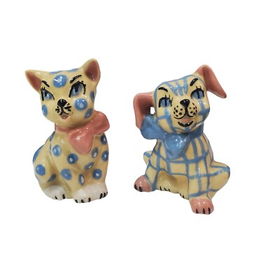 MCM Shakers Salt & Pepper Ceramic Arts Studio Calico Cat & Gingham Dog Vintage-image