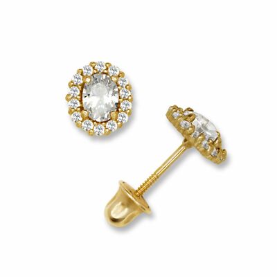 14K Solid Yellow Gold Fancy Oval Shaped CZ Halo Screw Back Birthstone Earrings-image