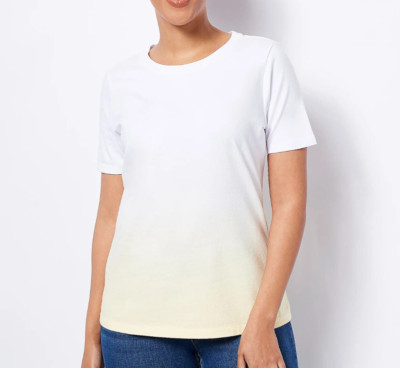 Denim & Co. Dip Dye Perfect Jersey Round Neck Knit Top - Sunlight Yellow, LARGE-image