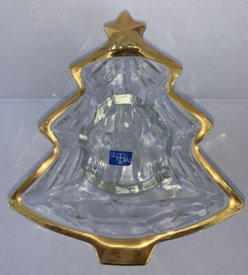 STUDIO NOVA GOLD RIMMED 6” CHRISTMAS TREE SHAPED CRYSTAL CANDY DISH BOWL B7-image