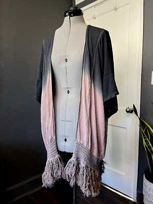 Entro Size L Ombre Dip Dye Navy and Tan Rayon Fringe Layering Kimono Top Boho-image