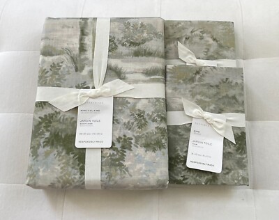 Pottery Barn JARDIN TOILE Duvet King California King & Two King Shams Green NWT-image