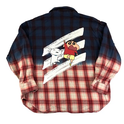 Crayon Shin Chan x Reshake Dipped Flannel Shirt Mens Large Blue Red Rubber Logo-image