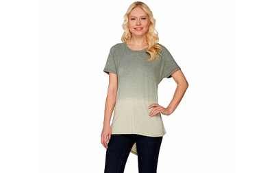 Lisa Rinna Collection Short Sleeve Dip Dyed Knit Top Green Large A277305 QVC J-image